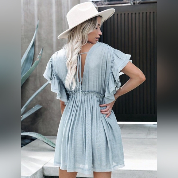 New Flowy Flutter Cover Up Mini Dress Deep Plunge Summer Light Blue - Picture 6 of 10